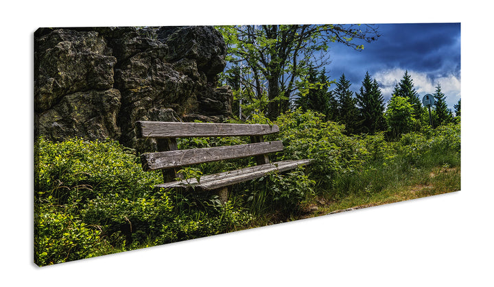 einsame Bank am Waldrand Panorama 120x60 cm als Leinwandbild, Motiv fertig gerahmt auf Echtholzrahme
