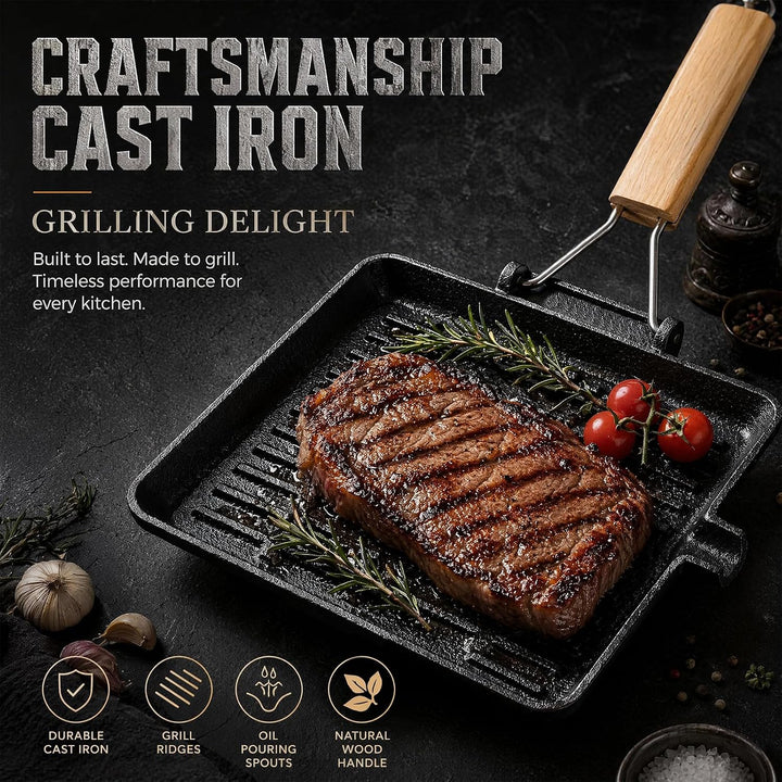 Steakpfanne Gusseisen,Grillpfanne mit Klappbarem Holzgriff Viereckige Grill Pan Induktion Für Alle H