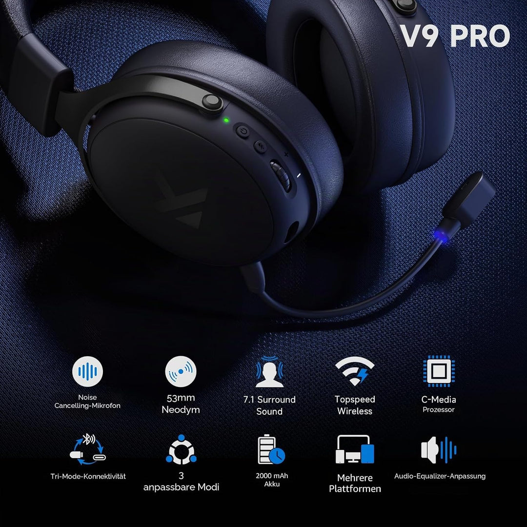 MCHOSE V9 Pro Kabelloses Gaming-Headset, 7.1 Surround-Sound | 53-mm-Neodym-Treiber, bis zu 40 m Reic