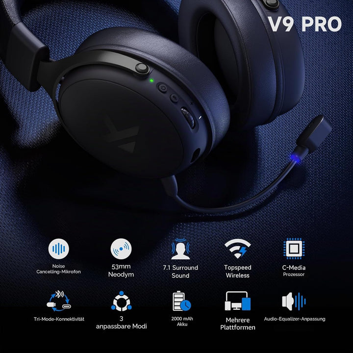 MCHOSE V9 Pro Kabelloses Gaming-Headset, 7.1 Surround-Sound | 53-mm-Neodym-Treiber, bis zu 40 m Reic