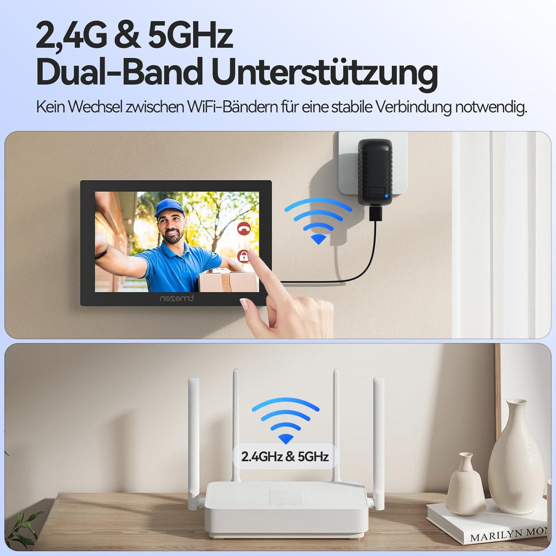 TMEZON WLAN Kabellose Video-Türsprechanlage mit 7''Touchscreen, 1080P Türklingel Kamera mit Solarbet