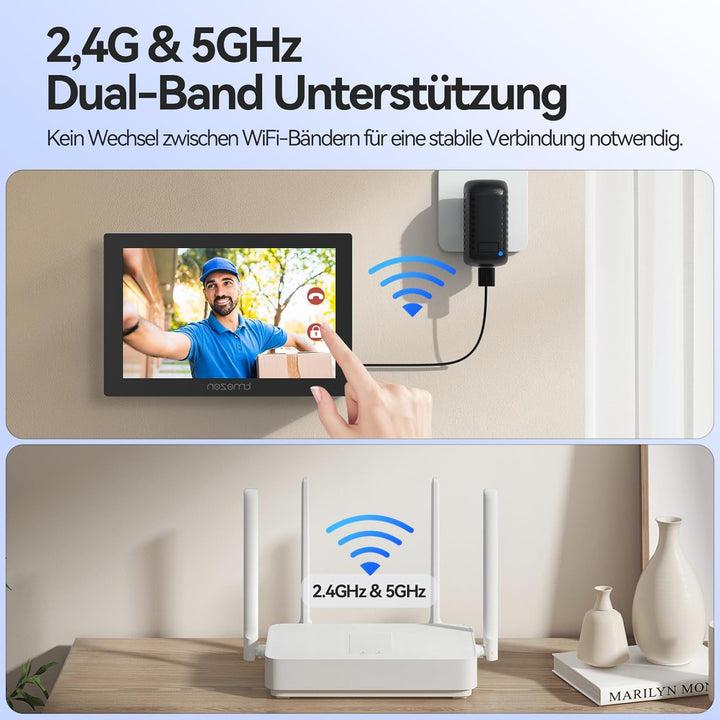 TMEZON WLAN Kabellose Video-Türsprechanlage mit 7''Touchscreen, 1080P Türklingel Kamera mit Solarbet