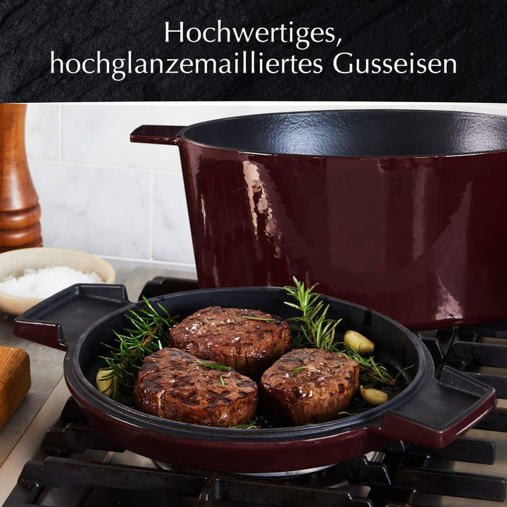 Stanley Rogers Cocotte runder Gusseisen Bräter emailliert 6,5l 28cm bordeaux I Praktische Grillpfann