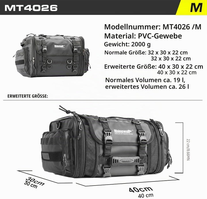 Rhinowalk Motorrad Sitztaschen 19-26L Wasserdicht Motor Rücksitztasche Gepäcktasche Hecktasche Erwei