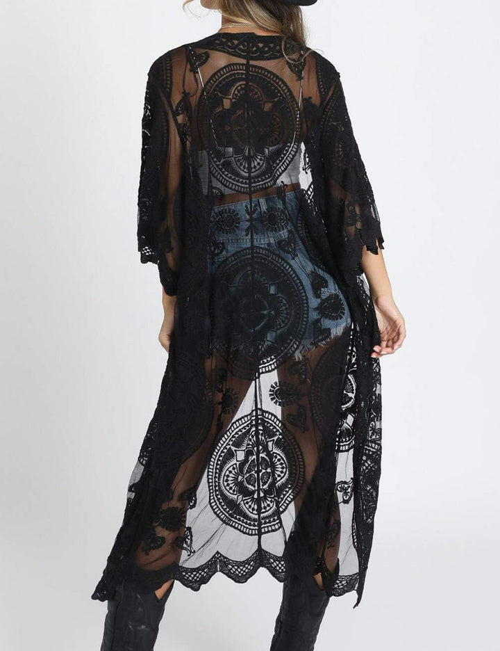 Bsubseach Badeanzug Cover Up für Frauen Lace Sheer Floral Kimono Cardigans Mesh Long Strand Dress E-
