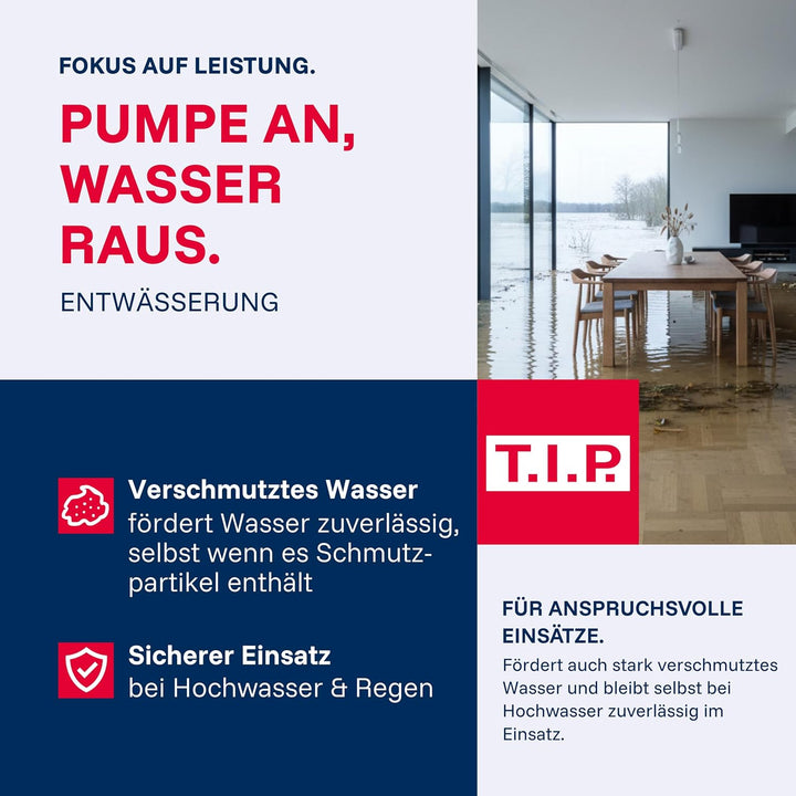 T.I.P. Schmutzwasser Tauchpumpe Edelstahl (10.500 l/h Fördermenge, 7 m Förderhöhe, 0,7 bar Druck, 50