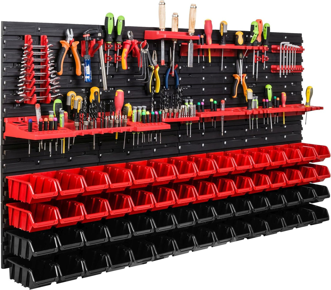 Lagersystem Werkstattregal | 156 x 78 cm | 60 stck. Box | Wandregal mit Werkzeughalterungen und Stap