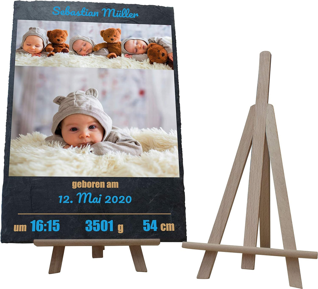 wandmotiv24 Schieferplatte mit eigenen Fotos zur Geburt, 20 x 30 cm, inklusive Staffelei, 4 Fotos +