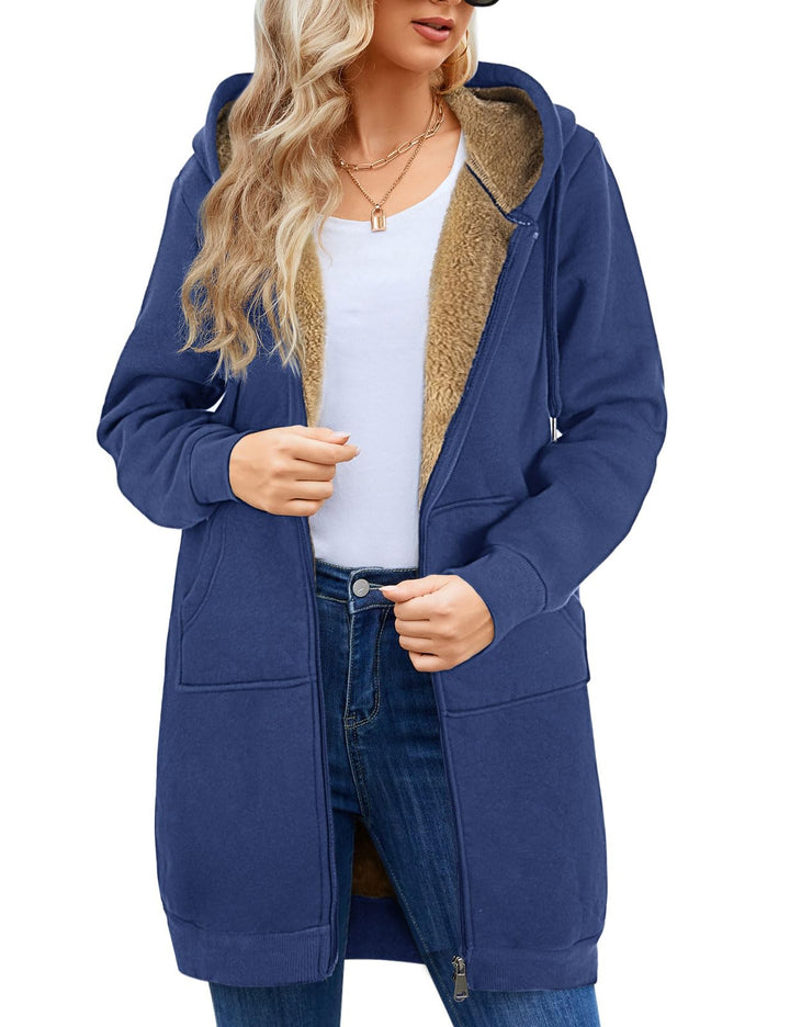Fleecejacke Damen Lang Gefütterte Sweatjacke Dicke Strickjacke Warme Hoodie Jacke mit Reissverschlus