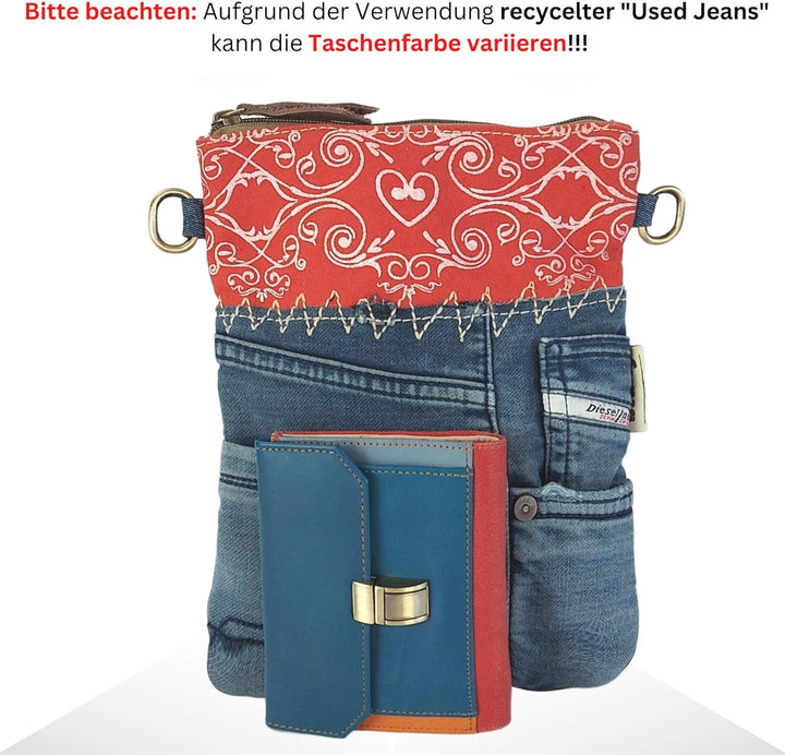 Sunsa Damen Tasche/Umhängetasche. Kleine Bag aus Canvas & Recycelte Jeans. Nachhaltige Taschen. Cros