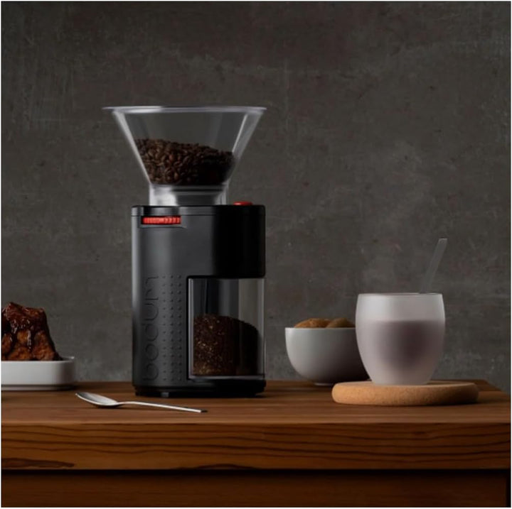 Bodum 11750-01EURO BISTRO Elektrische Kaffeemühle mit Keramikmahlwerk, Edelstahl, Schwarz Schwarz Oh