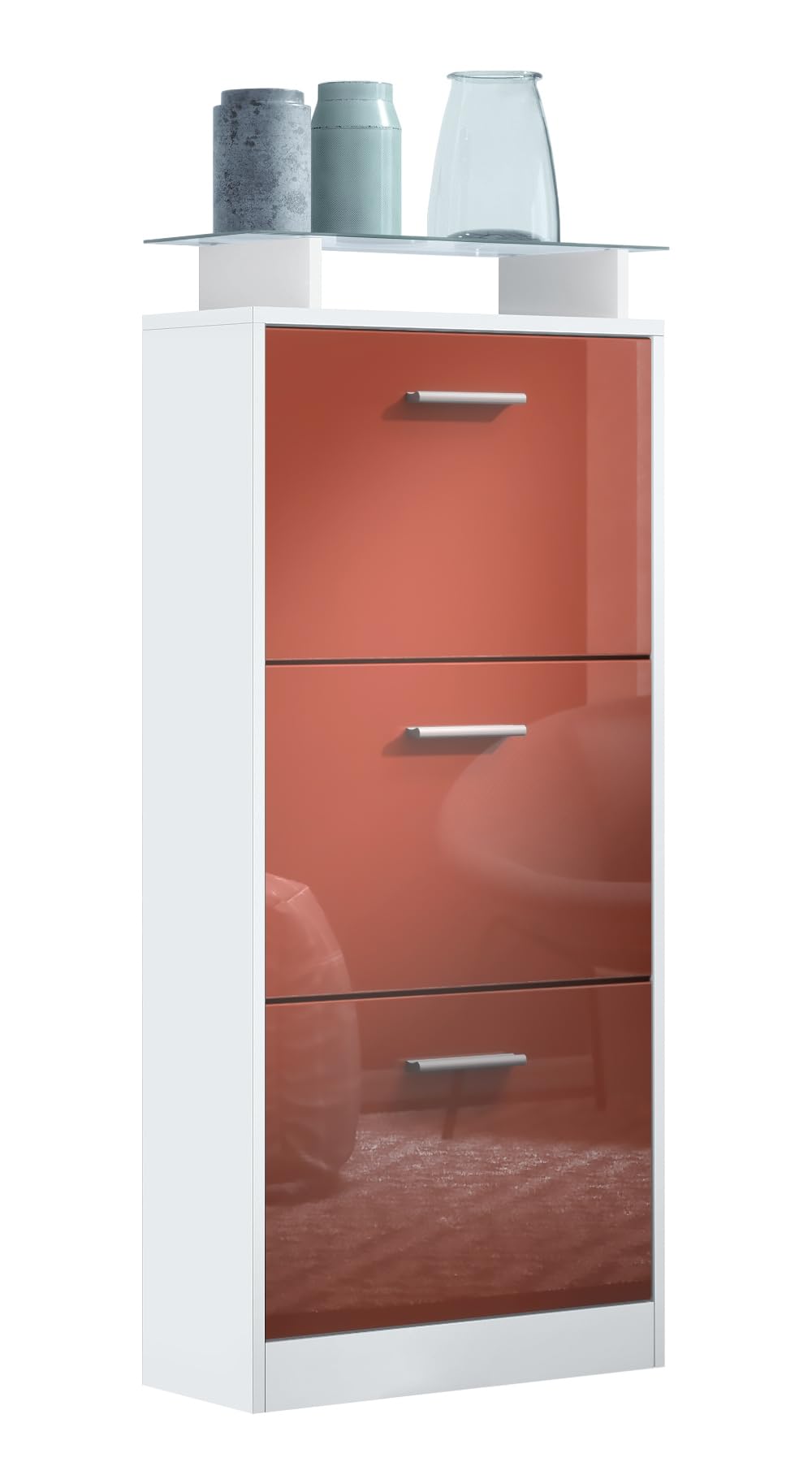 Vladon Schuhschrank Lavia V2, Schuhkipper für 12 Paar Schuhe mit 3 Klappen und Glasablage, Weiss mat