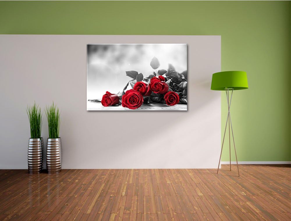 schöner Rosenstrauss auf Tisch schwarz/weiss Format: 100x70 auf Leinwand, XXL riesige Bilder fertig