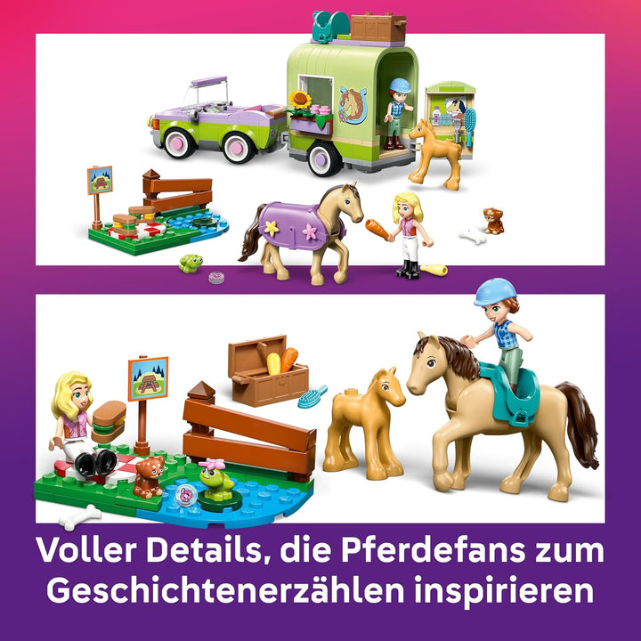 LEGO Friends Pferd und Fohlen mit Pferdeanhänger - Pferde Spielset mit Pflegezubehör, 4 Tierfiguren,