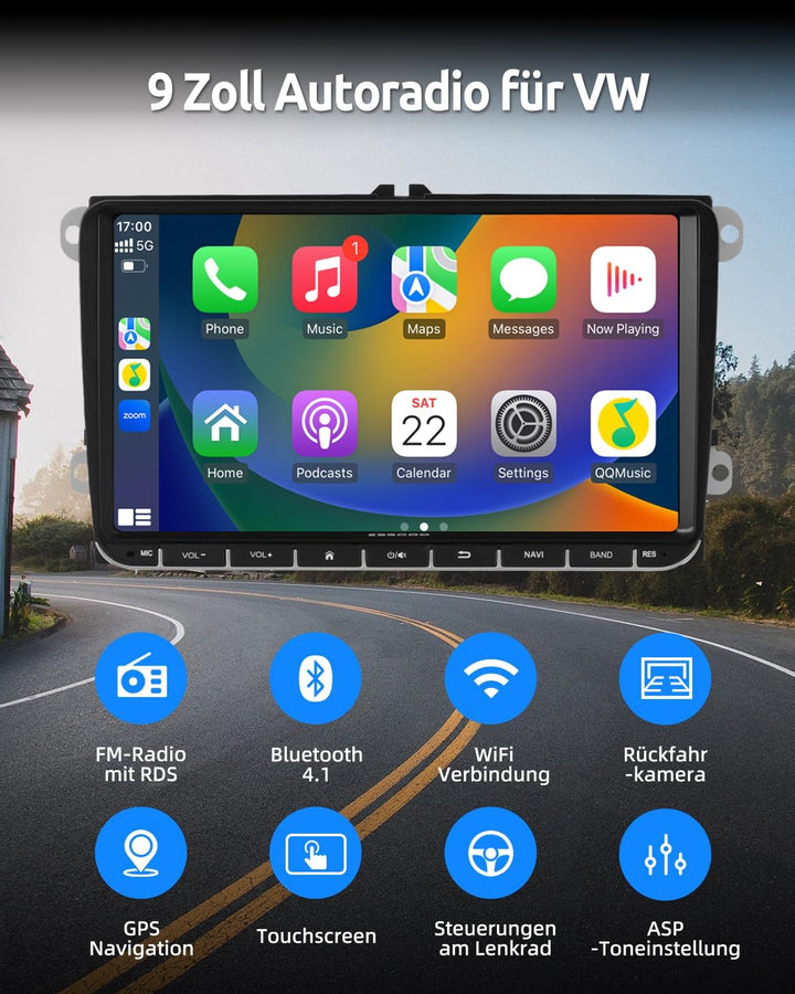 Essgoo Carplay Autoradio 9 Zoll Android 14 Car Stereo 32G Wireless Auto Radio Für VW Golf 5 6 Touran