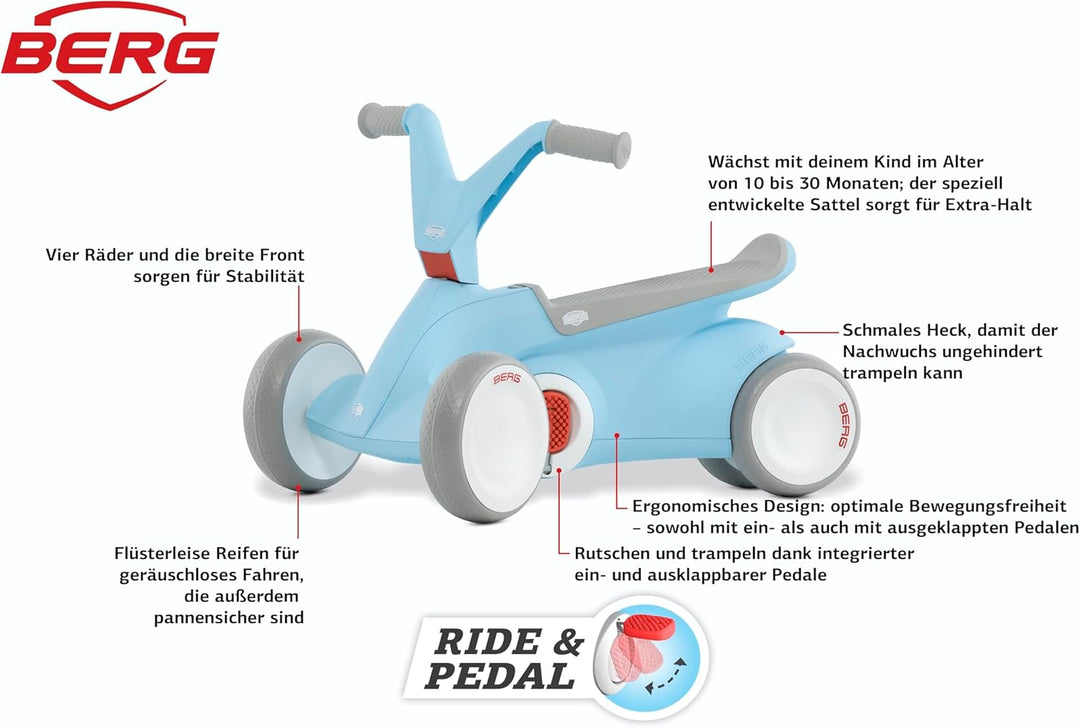 BERG GO2 2in1 Rutschauto Blau | Kinderrutscher & Laufrad ab 1 Jahr | Kinderauto mit ausklappbaren Pe