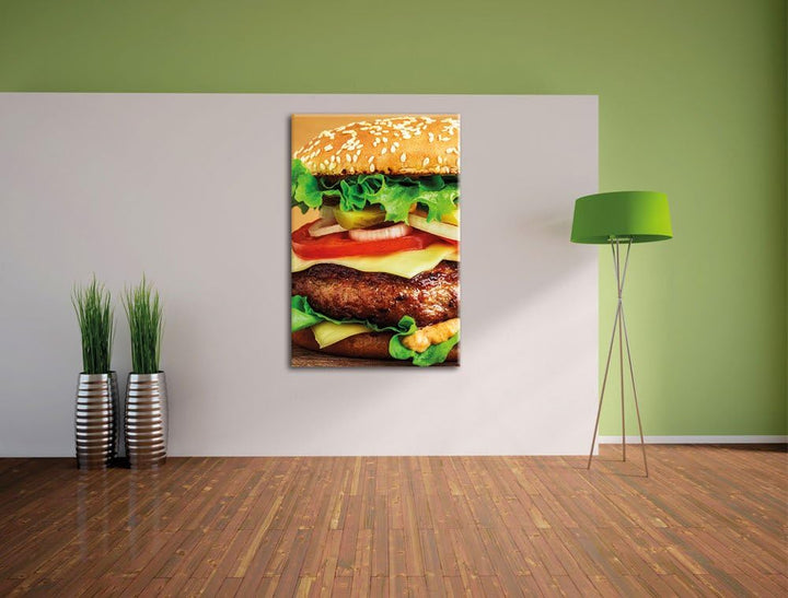Pixxprint Hamburger Cheesburger als Leinwandbild/Grösse: 100x70 / Wandbild/Kunstdruck/fertig bespann
