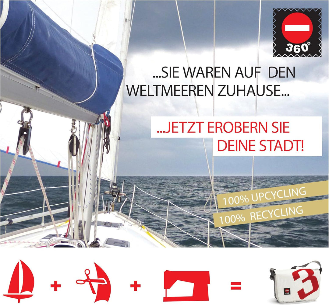 360 Grad Schlepper Mini Reisetasche klein, Segeltuch-Tasche weiss, mit RV, Zahl rot, Gurt beige, mar