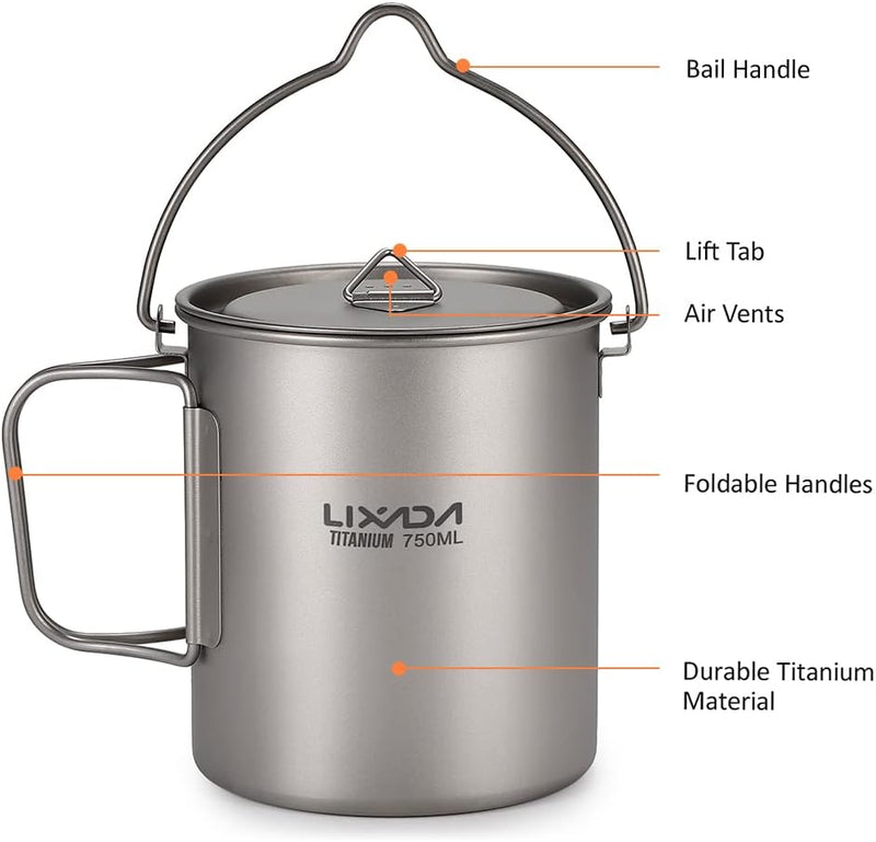 Lixada Titanium Cup Topf, Ultraleicht, tragbar, zum Aufhängen, mit Deckel und Griff, faltbar, für Ca