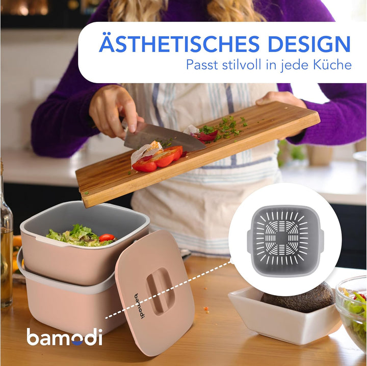 Bamodi Organic Bin 7L Peach mit Deckel und 2 Fächer - Bio-Abfalleimer für die Küche für den tägliche
