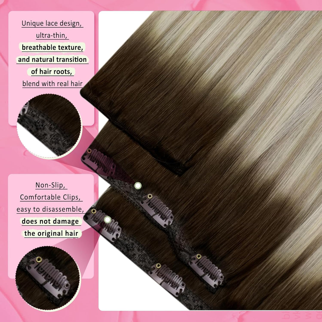 YoungSee Echthaar Extensions Clip Balayage Clip in Extensions Echthaar Braun Blond 35cm Extensions C