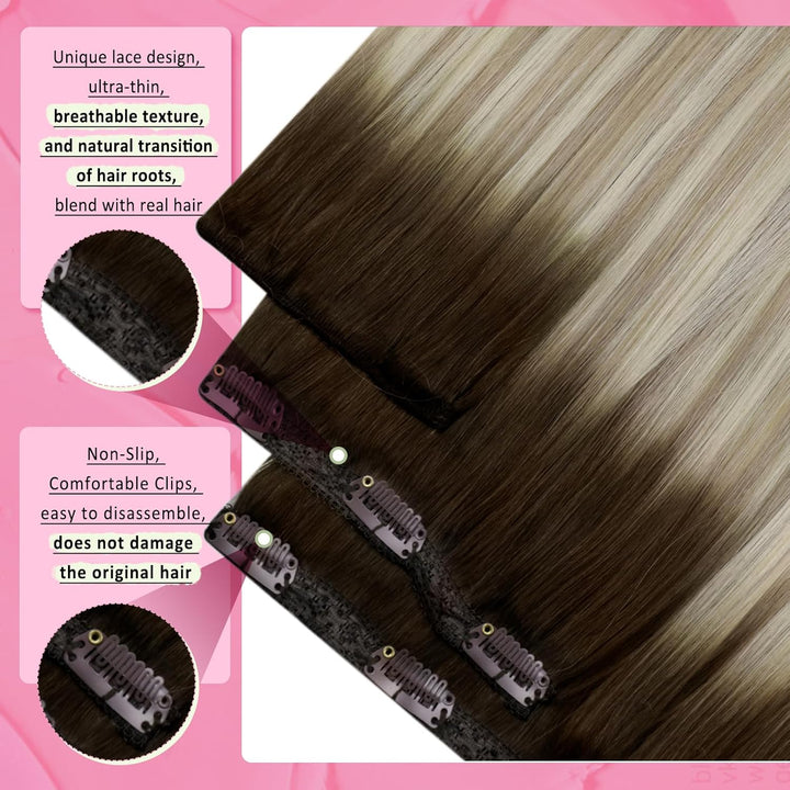 YoungSee Echthaar Extensions Clip Balayage Clip in Extensions Echthaar Braun Blond 35cm Extensions C