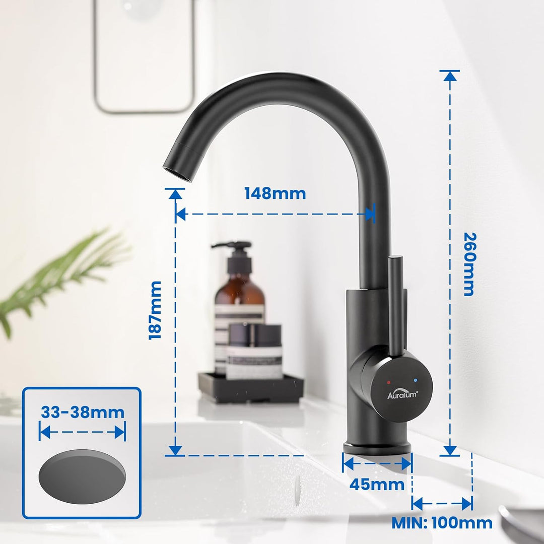 Auralum Waschtischarmatur Schwarz Matt, Armatur Waschbecken 360 Grad drehbar,Wasserhahn Bad mit 60CM