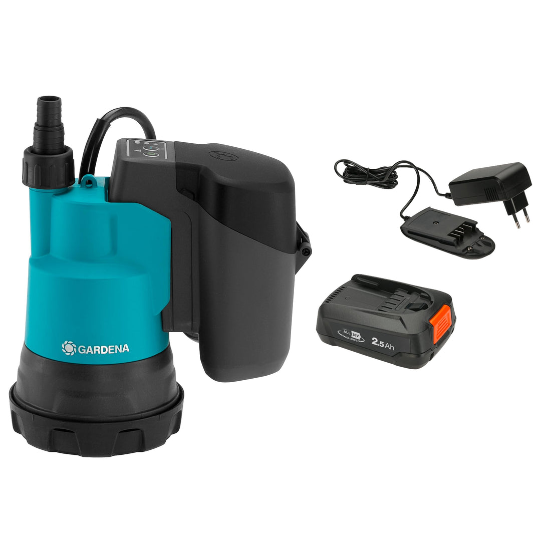 Gardena Akku-Klarwasser-Tauchpumpe 2000/2 18V P4A Ready-To-Use Set: Flachsaugende Akku-Tauchpumpe, i