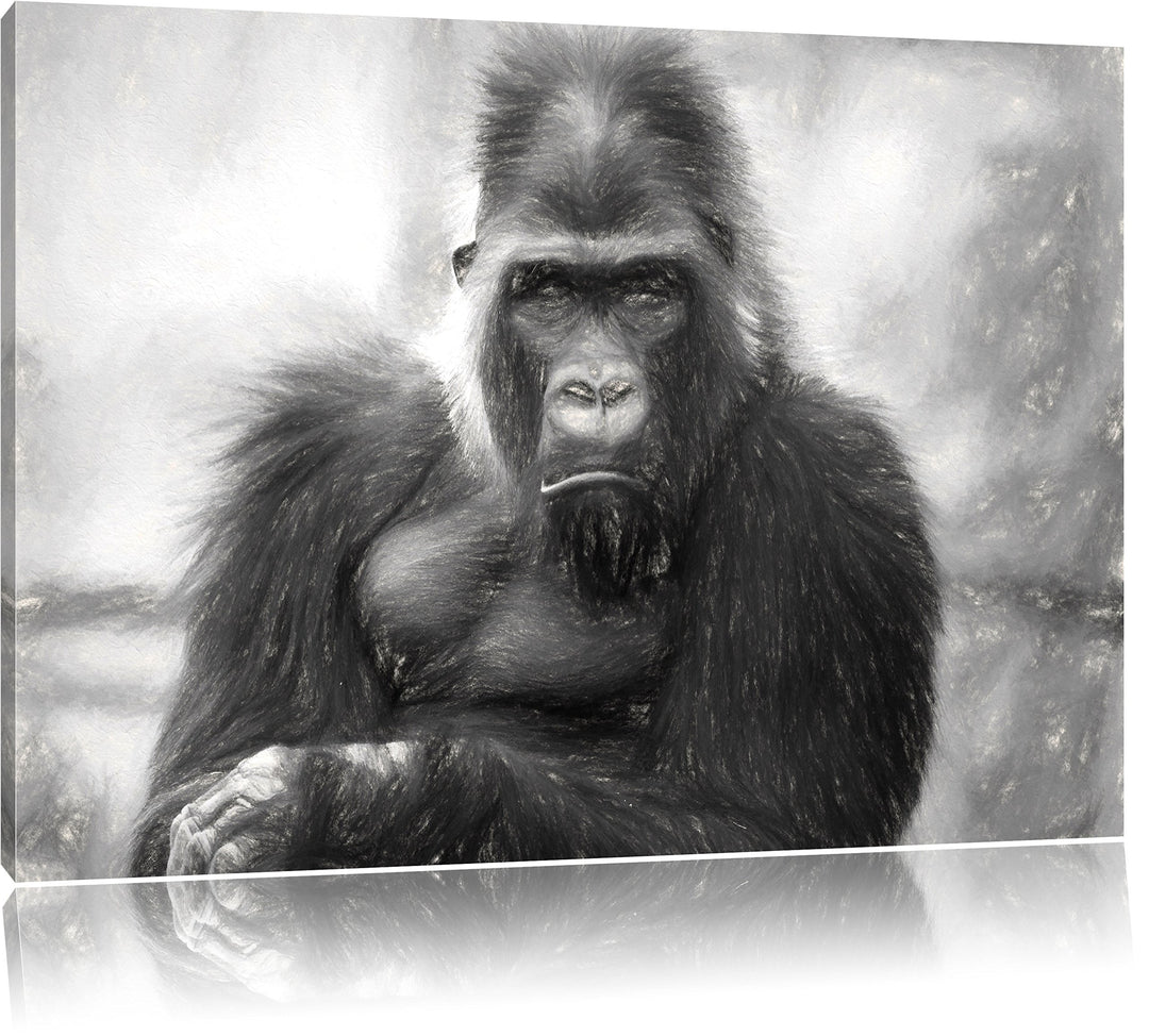 Pixxprint gelangweilter Gorilla Kunst Kohle Effekt, Format: 100x70 auf Leinwand, 100x70