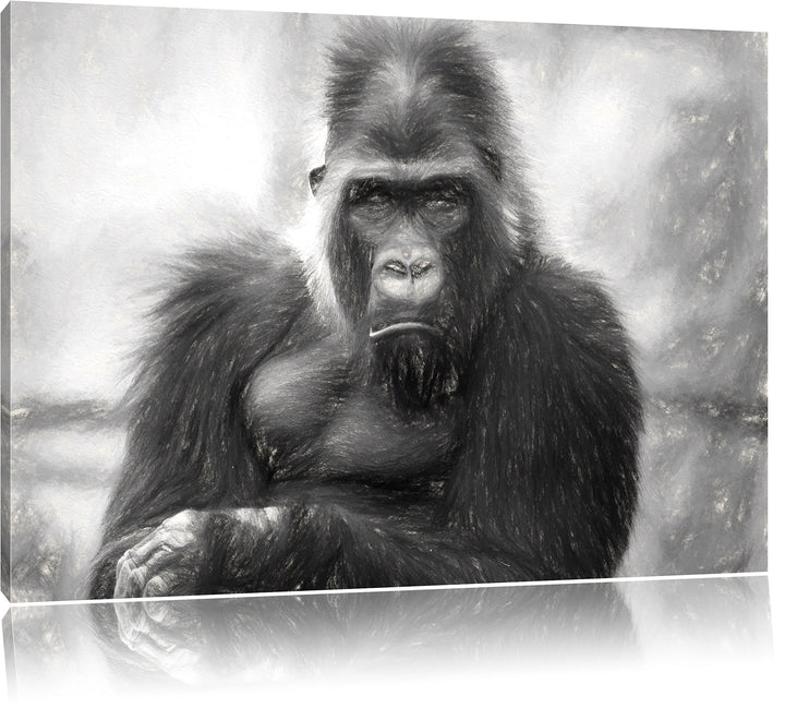 Pixxprint gelangweilter Gorilla Kunst Kohle Effekt, Format: 100x70 auf Leinwand, 100x70
