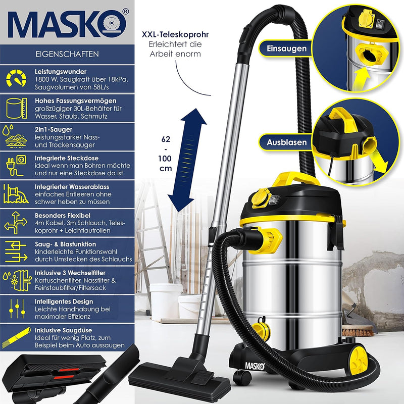 Masko® Industriestaubsauger 1800Watt Mit Steckdose Blasfunktion | Mehrzwecksauger Trocken-Saugen & N