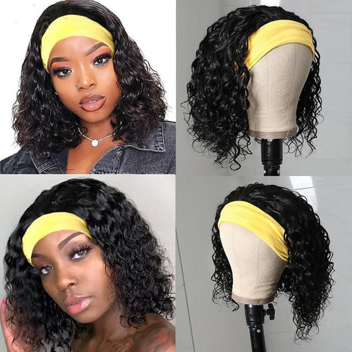 Perücke für Damen Natürlich Brasilianisch Deep Wave Human Hair Wig Stirnband Menschliches Haar 10 In