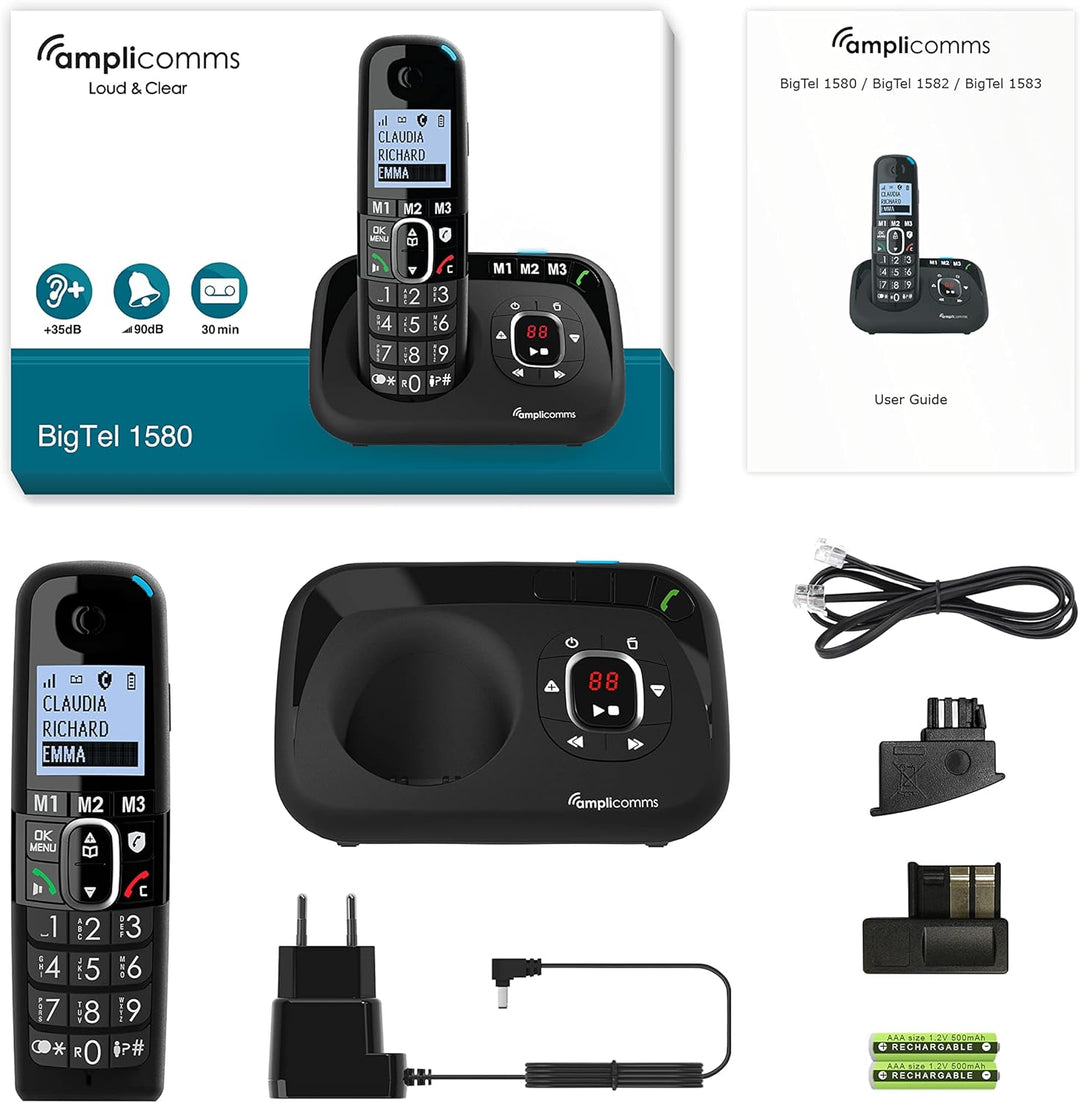 Amplicomms BigTel 1580 schnurloses DECT Grosstasten Telefon, Anrufbeantworter, Audio-Boost, extra La