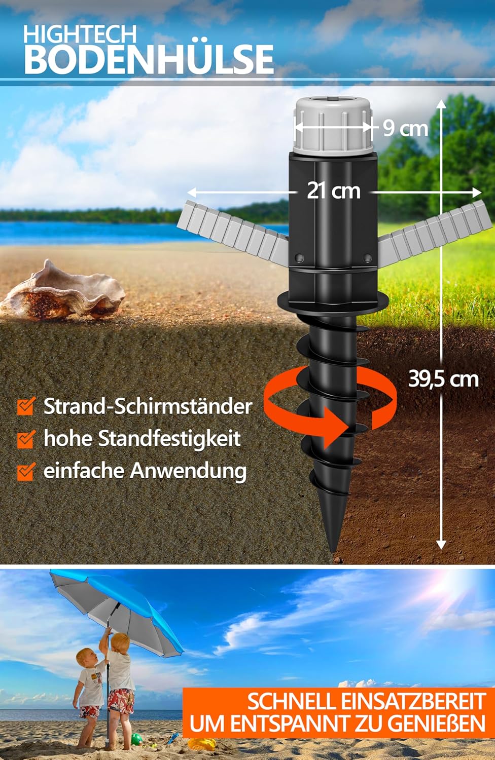 4smile Sonnenschirm Strand Ø 200 cm, 3-in-1 SET mit Bodenhülse, Blau | UPF 50+ Strandschirm + Sonnen