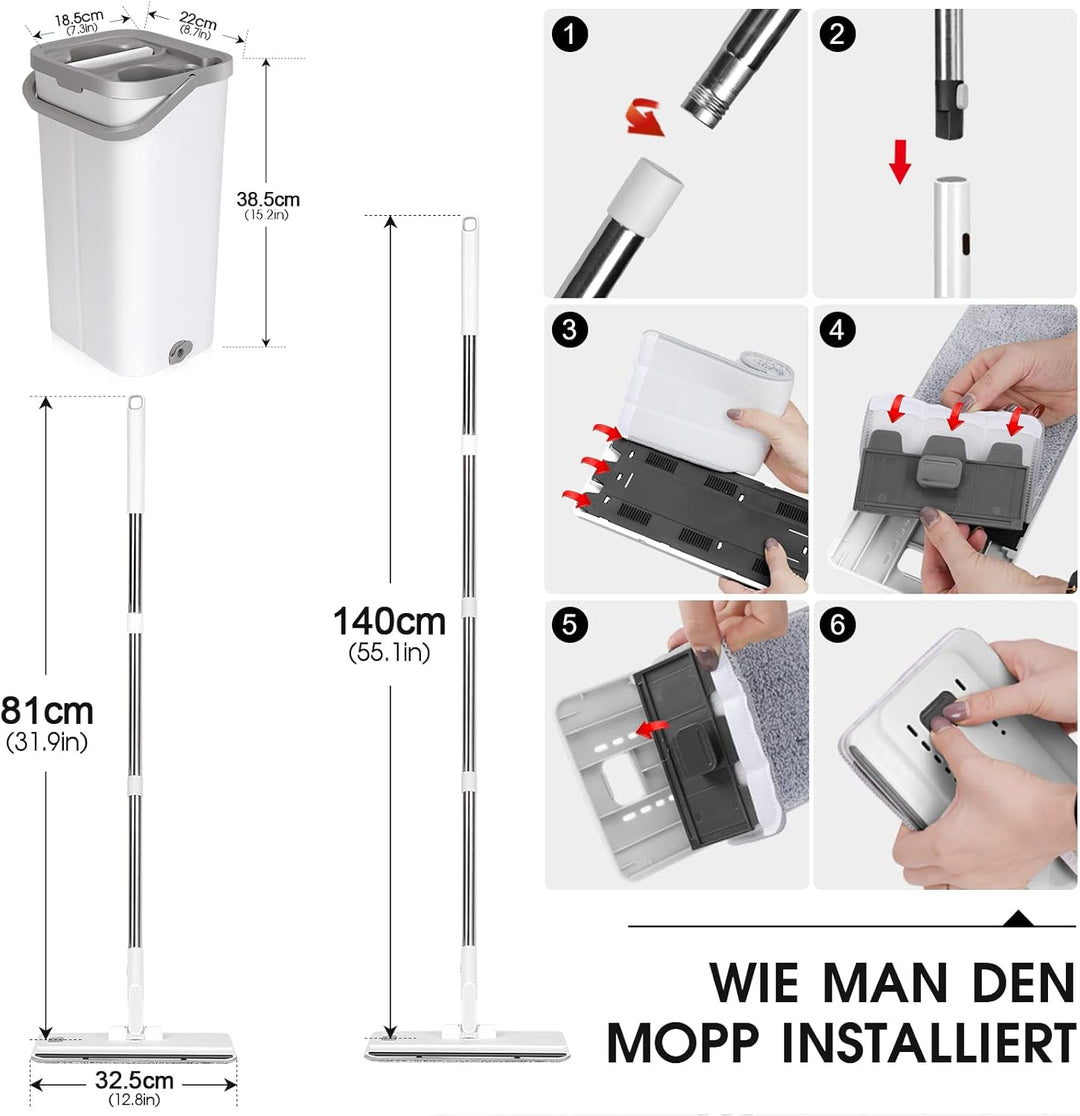 MASTERTOP Wischmopp Set mit Eimer, Flach Bodenwischer mit 140cm Verstellbarer Griff und 10 Mikrofase