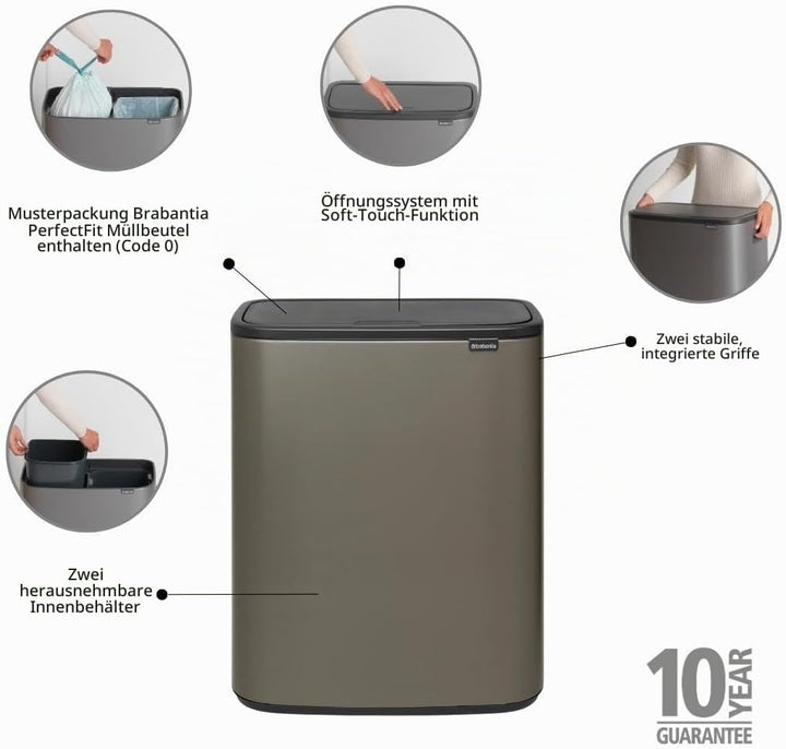 Brabantia Bo Touch Bin, 2 x 30L 2 Inneneimer (2 x 30L) Platinum, 2 Inneneimer (2 x 30L) Platinum