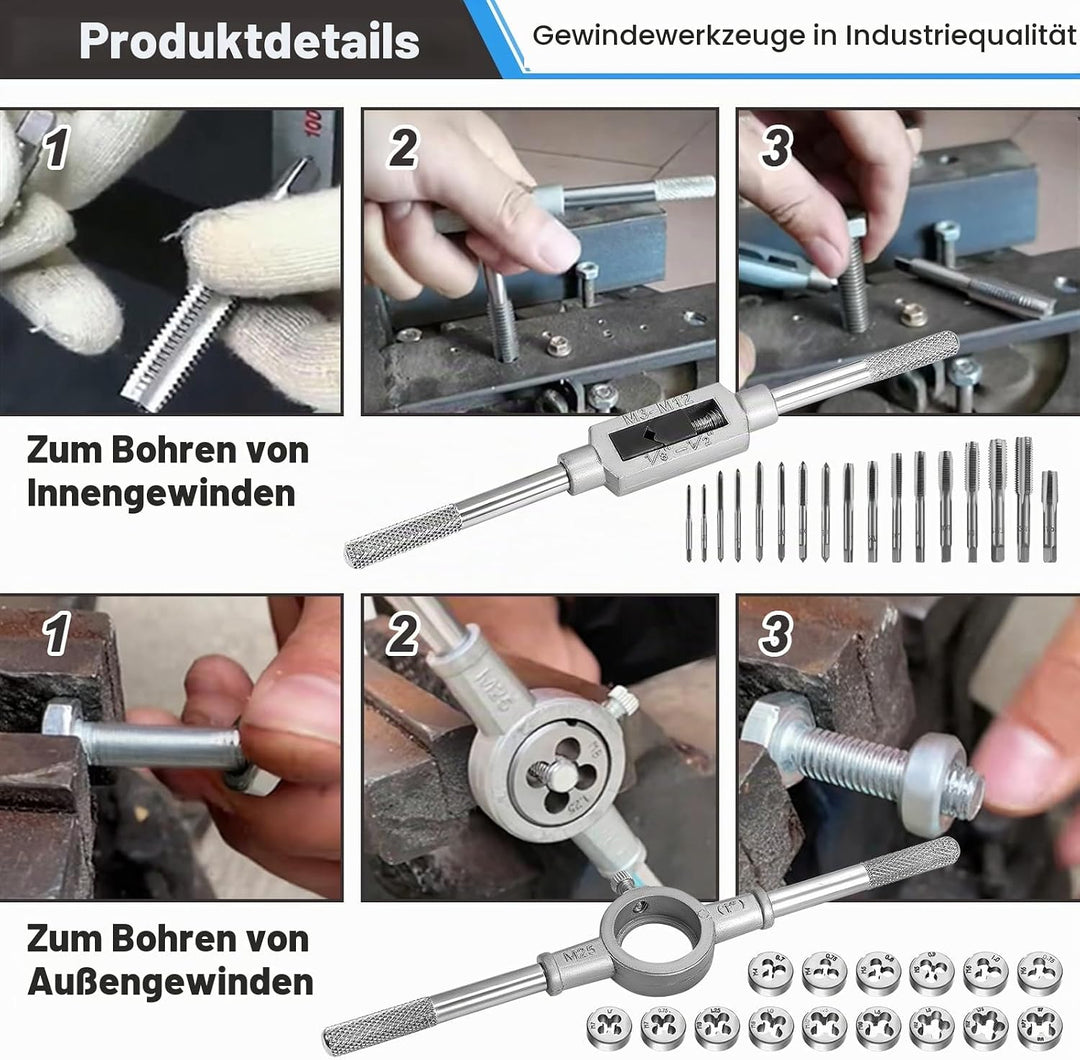 HSEAMALL Gewindeschneidsatz, 40-teilig, M3-M12 Gewindebohrer und Schneideisen 40 pcs Silver, 40 pcs