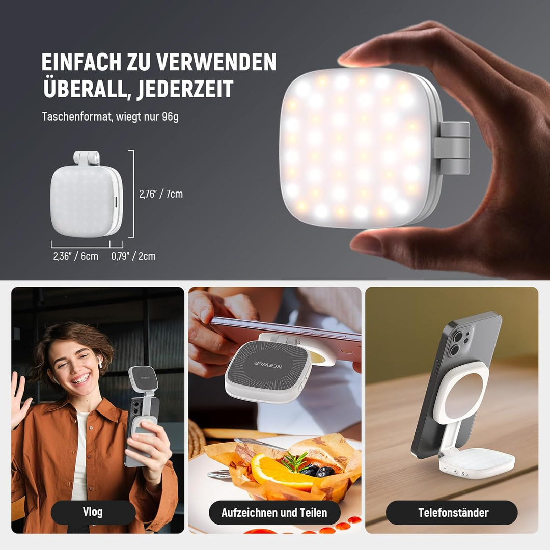 NEEWER Magnetisches Selfie Licht kompatibel mit iPhone MagSafe CRI95 700lx/0,3m Faltbare LED Handy F
