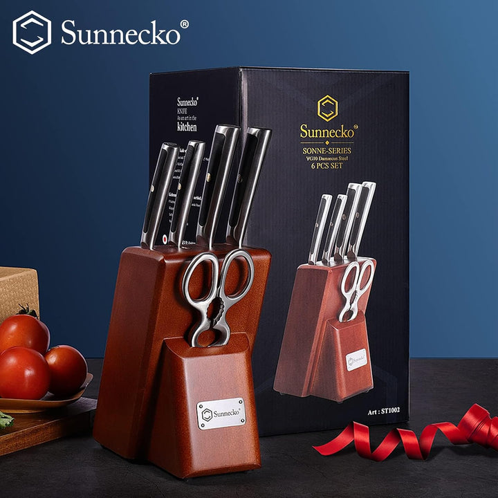 Sunnecko 6pcs Damastmesser Messerblock mit Messer, Messerblock Set Küchenmesser Block Messerblockset