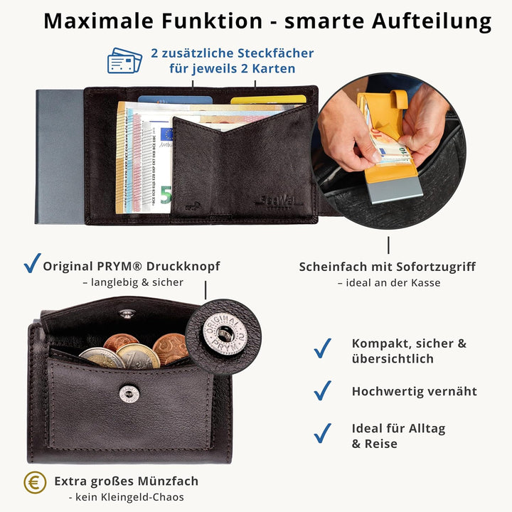 SecWal Kartenetui mit Münzfach Druckknopf inkl. Geschenkbox - Made in Germany - Echtleder Mini Geldb