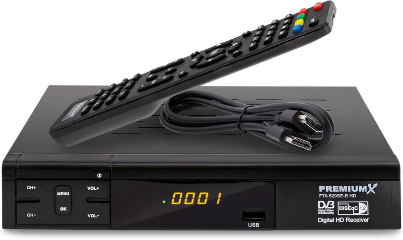 PremiumX Satelliten-Receiver HD 520SE FTA Digital SAT TV Receiver DVB-S2 FullHD HDMI SCART 2X USB Mu