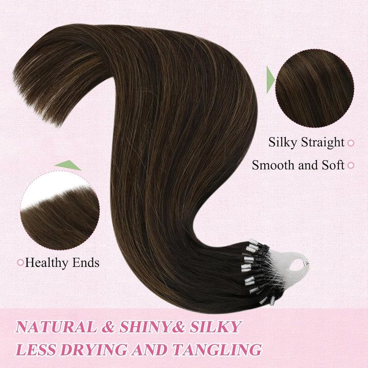 YoungSee Microring Extensions Echthaar Braun 40 cm Microring Hair Extensions Dunkelbraun Ombre Braun