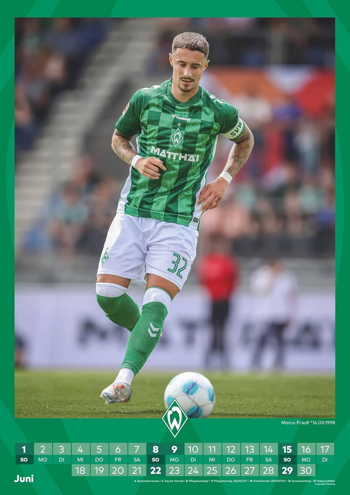 N NEUMANNVERLAGE - Werder Bremen 2025 Wandkalender, 29,7x42cm, Fussball-Kalender mit Motiven der Sta