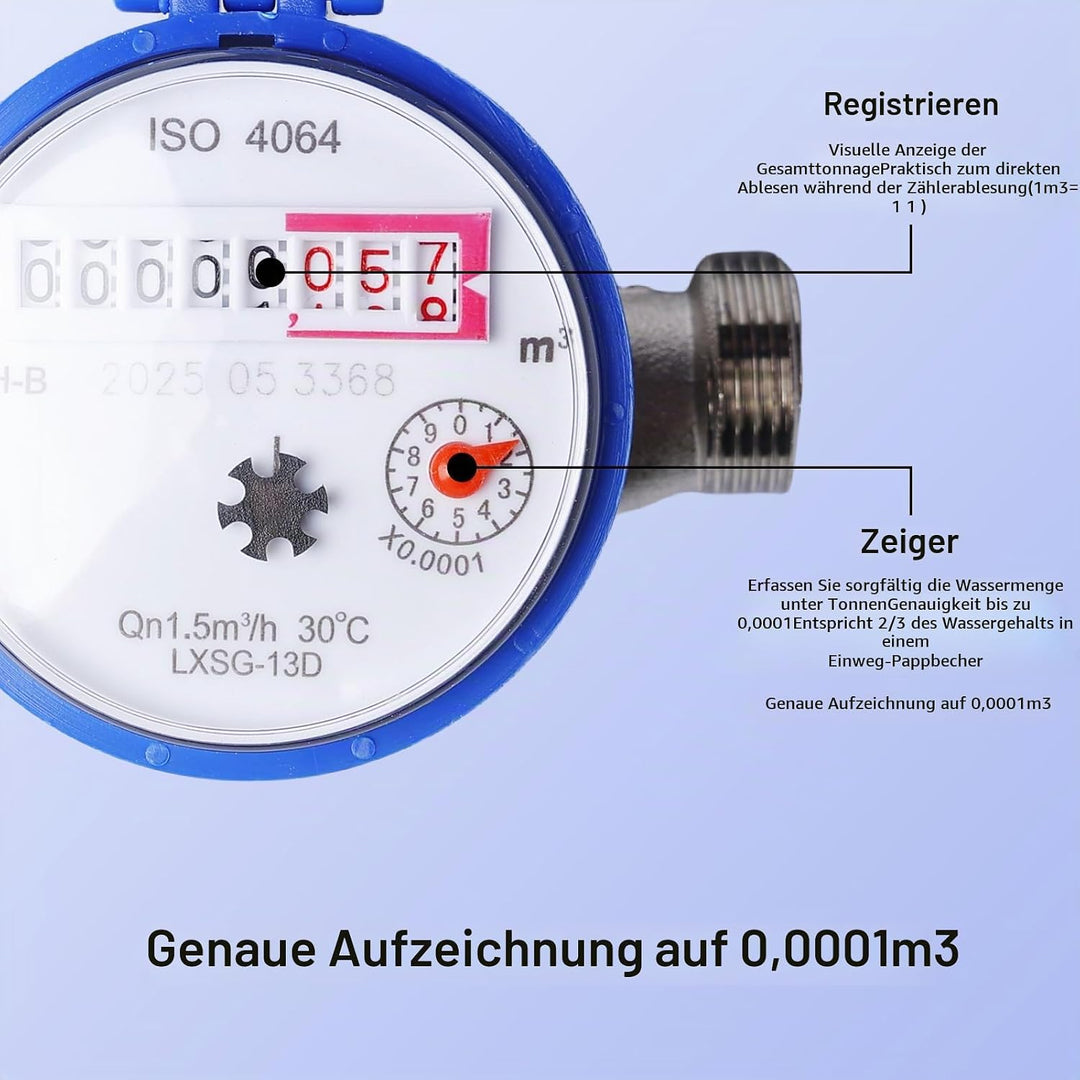 Wasserzähler Garten, 1/2 Zoll Geeicht Kalt Wasseruhr Haushalt Kaltwasserzähler mit Armaturen und Sch