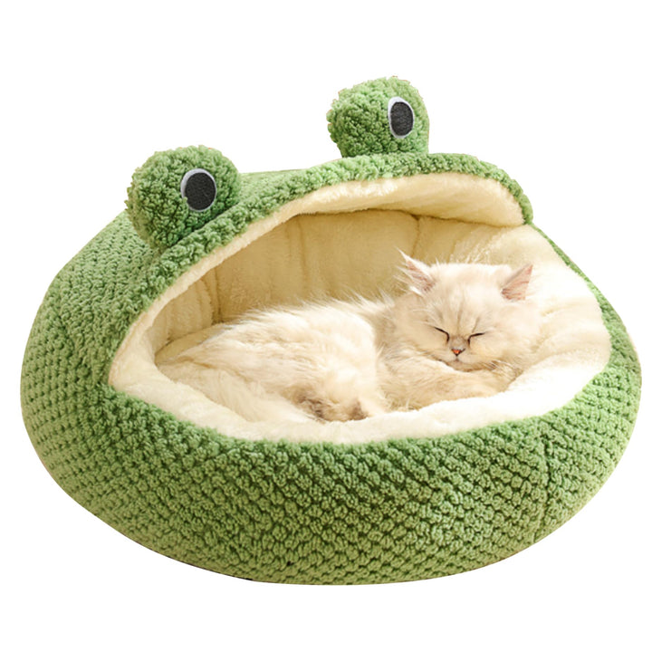 Katzenbett Frosch lang Plüsch Winter Herbst Thermo süsses Cartoon-Haustierbett Abnehmbarer Einsatz w