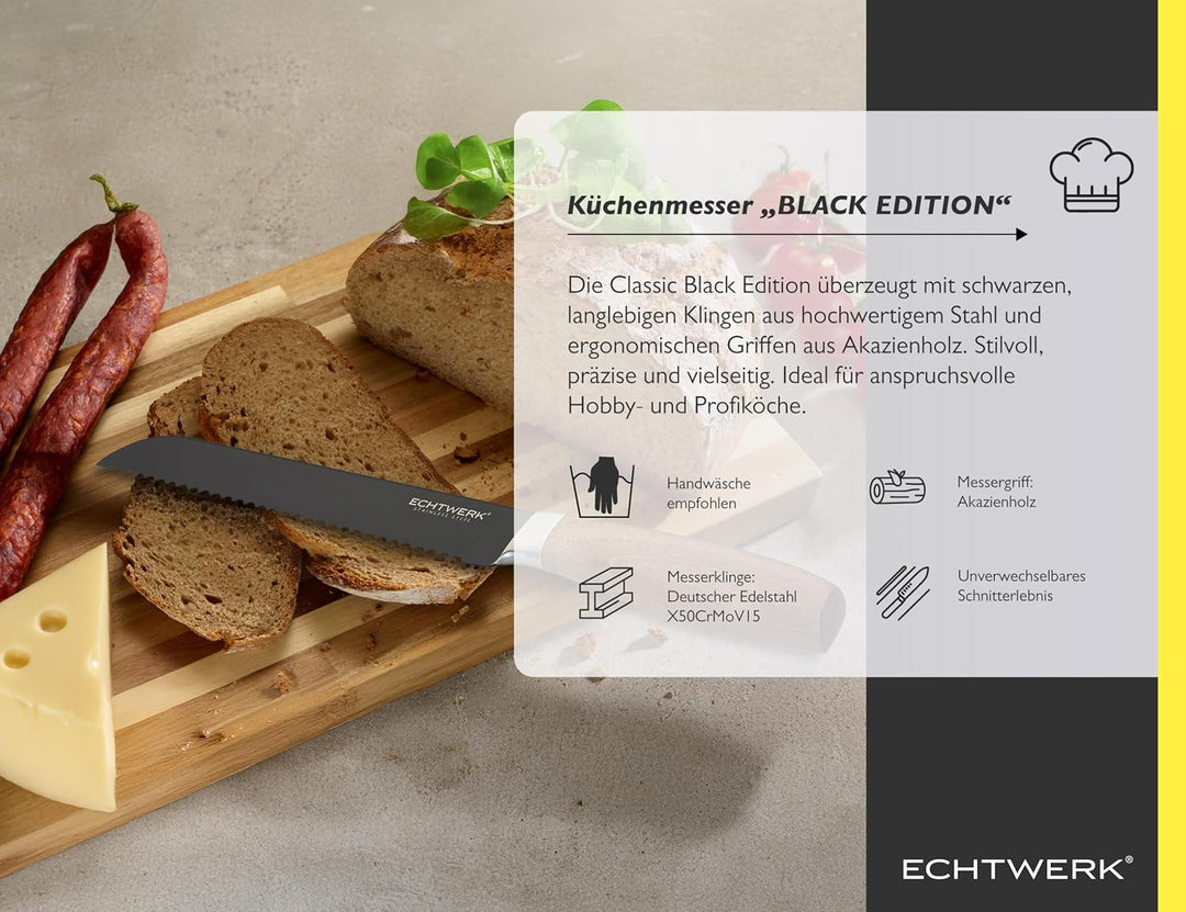 Echtwerk Brotmesser Black-Edition, Küchenmesser, aus hochwertigem Edelstahl, mit Wellenschliff, ergo