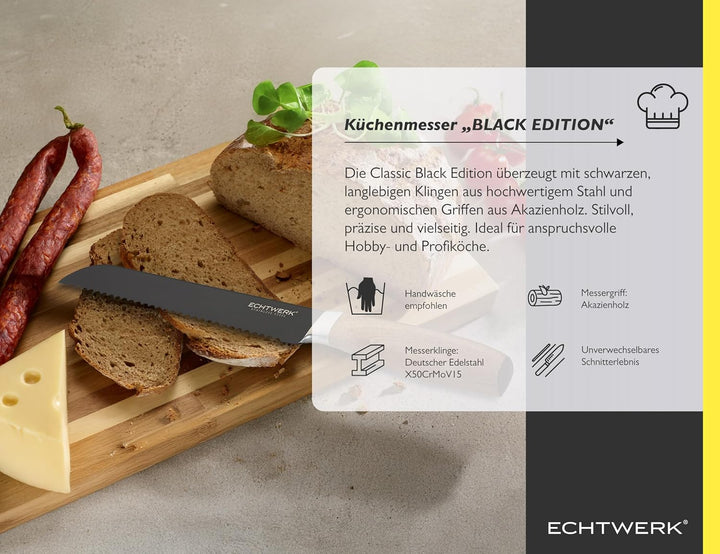 Echtwerk Brotmesser Black-Edition, Küchenmesser, aus hochwertigem Edelstahl, mit Wellenschliff, ergo