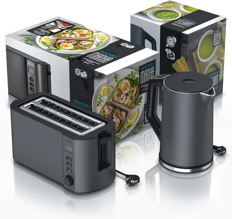 Arendo - Wasserkocher und Toaster SET Edelstahl Cool Grey, Wasserkocher 1,5L 40° - 100°C Warmhaltefu