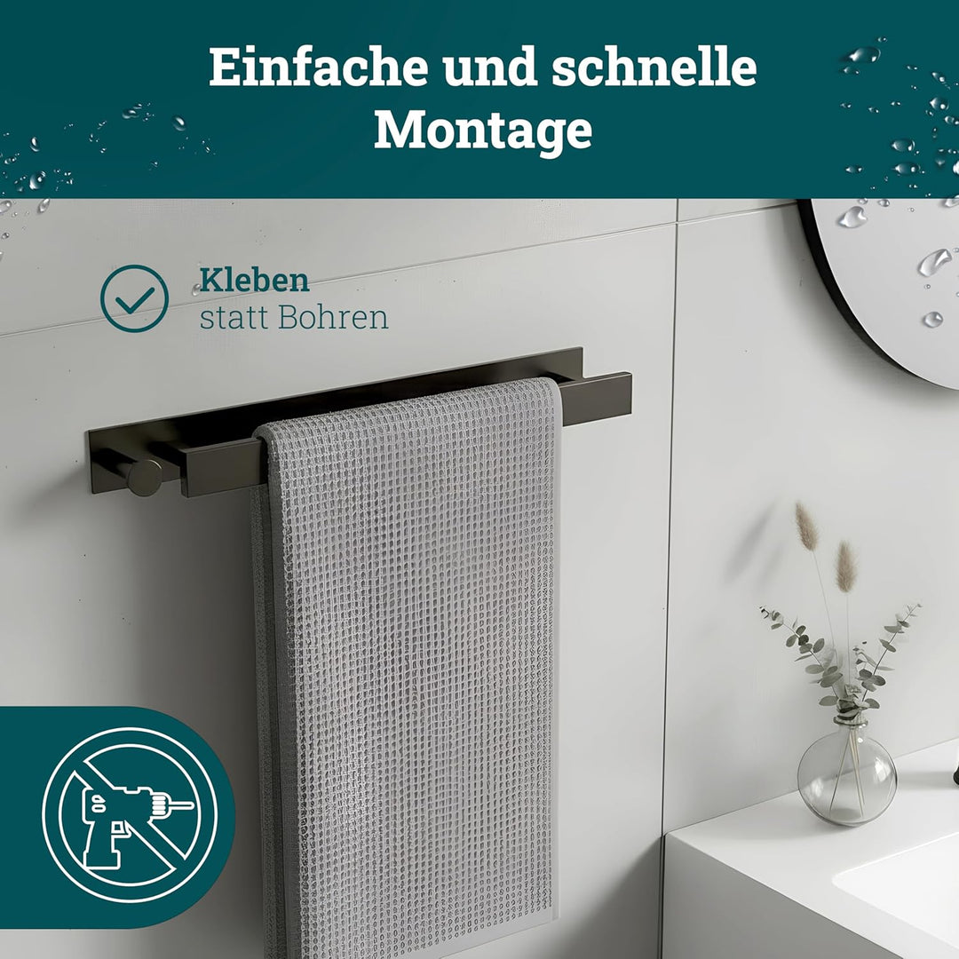 husman Handtuchhalter ohne Bohren | Edelstahl Matt Schwarz Gäste | Handtuchstange zum Kleben für Bad