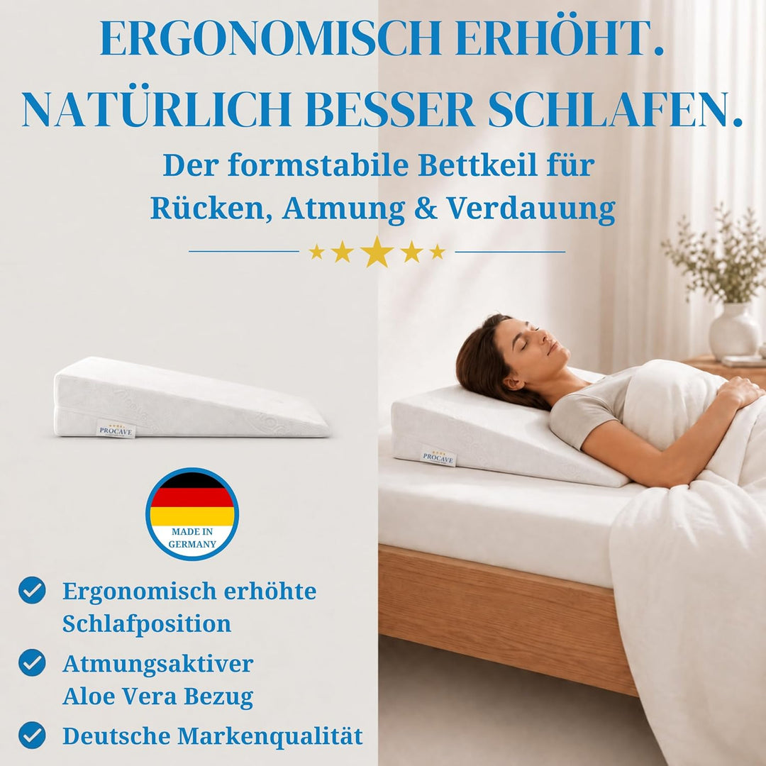 PROCAVE Bettkeil | keilförmiges Schaumstoffkissen | atmungsaktive Matratzenerhöhung | Made in German